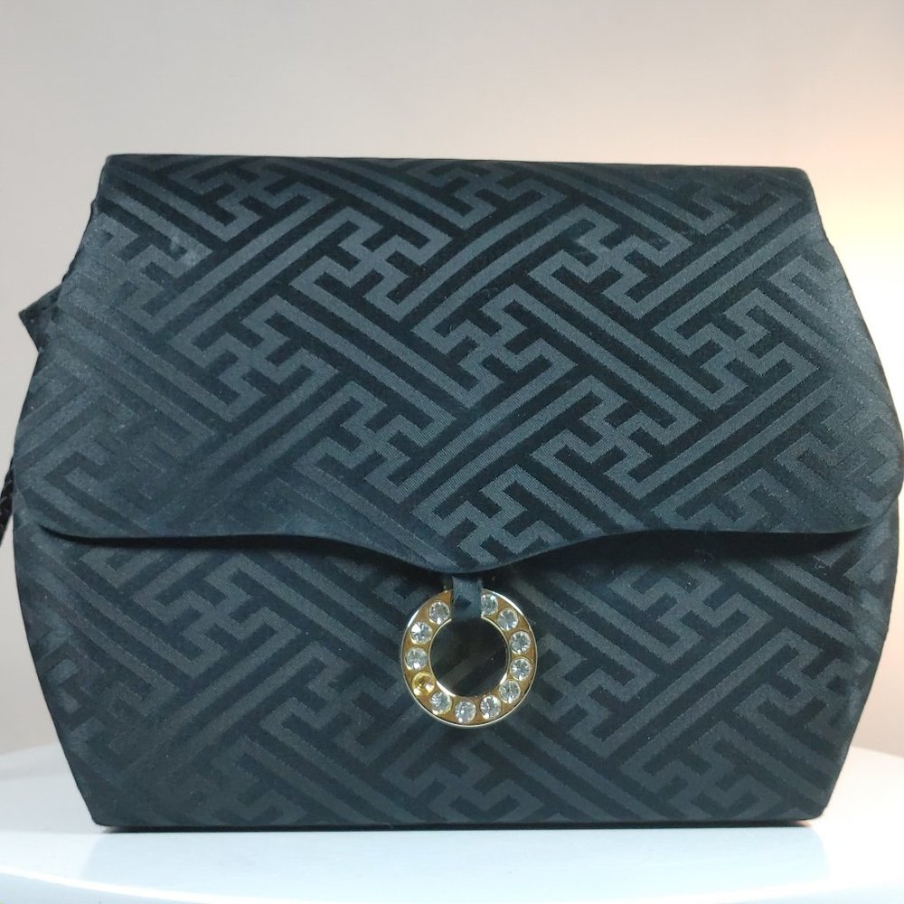 Vtg Carolyne Barton Black Evening Purse Rhinestone/Gold Button Closure Crossbody